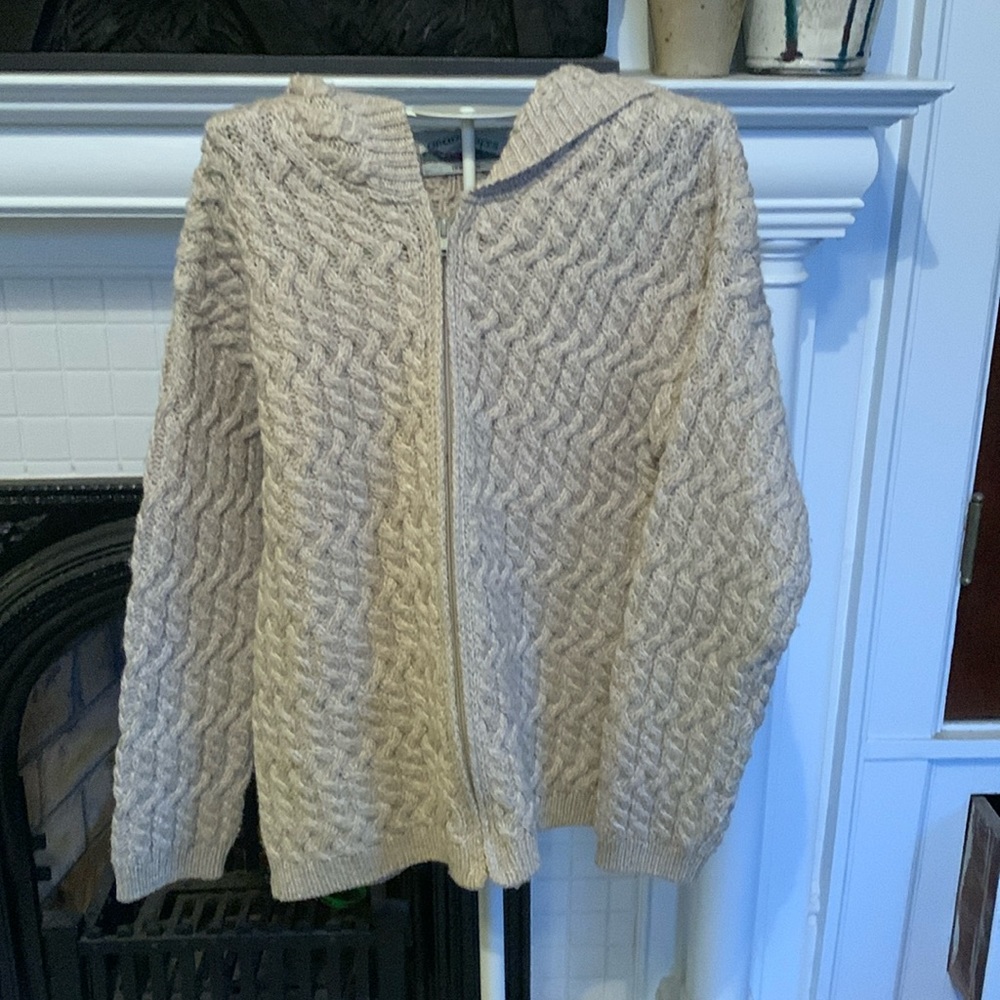 Aran Crafts cabled hooded zip up sweater. Worn 1x . 220 retail. Made in Ireland